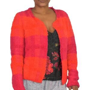 Marc Cain Boucle Sweater Jacket Pink Colorblock Furry Textured Cardigan Open 6